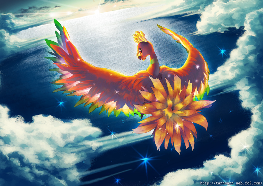 abe_(f!mixture) bird cloud from_above highres ho-oh horizon nature no_humans ocean pokemon pokemon_(creature) pokemon_(game) pokemon_gsc solo sparkle sunlight water watermark web_address wings