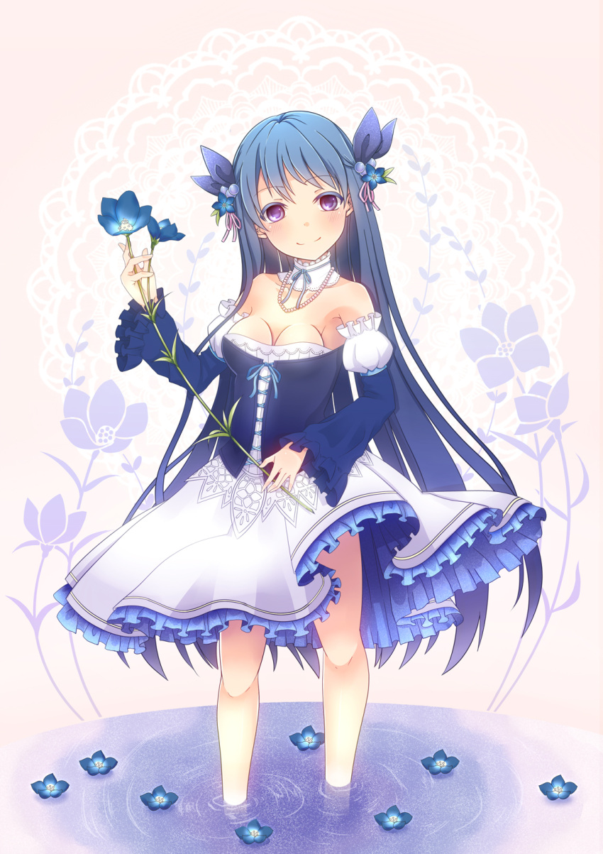 bangs bare_shoulders blue_hair blush breasts cleavage collar detached_collar detached_sleeves dress flower flower_request hair_flower hair_ornament highres jewelry long_hair necklace original pearl_necklace purple_eyes smile solo standing strapless_dress tsukishiro_kouya very_long_hair violet_eyes wading