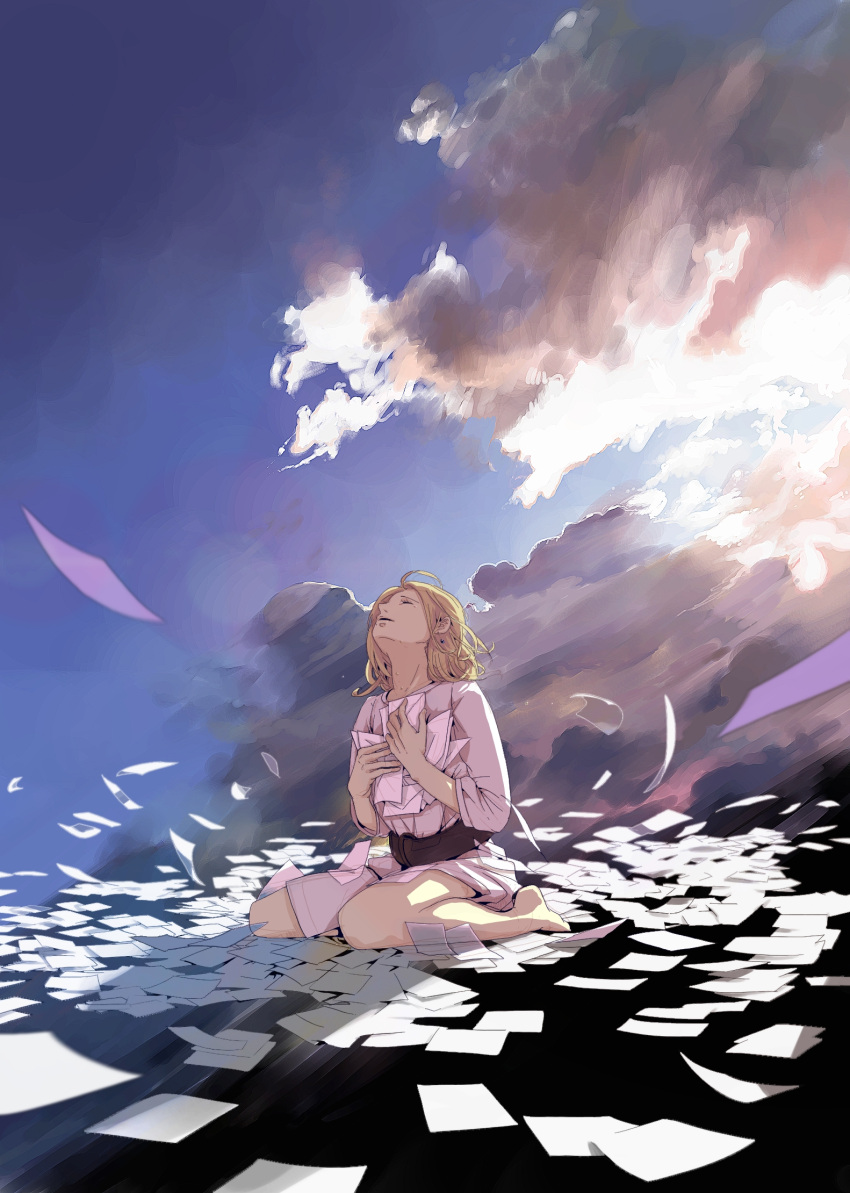 barefoot blonde_hair closed_eyes cloud earrings eyes_closed highres jewelry kurono-kuro original papers short_hair sitting sky solo tears wariza