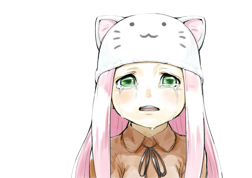 :3 animal_ears animal_hat blush cat_hat face green_eyes hat long_hair megurine_luka megurine_luka_(toeto) pink_hair shiba_itsuki simple_background snot solo tears toeto_(vocaloid) twintails vocaloid whiskers white_background young