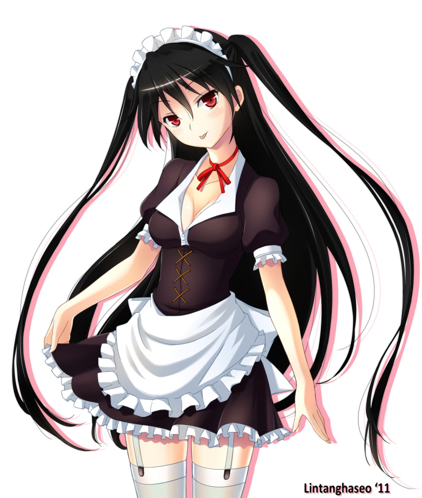 apron black_hair blush frills garter_straps head_tilt highres lintanghaseo long_hair maid maid_headdress mayo_chiki! red_eyes ribbon_choker simple_background skirt solo suzutsuki_kanade thigh-highs thighhighs tongue twintails two_side_up very_long_hair white_legwear