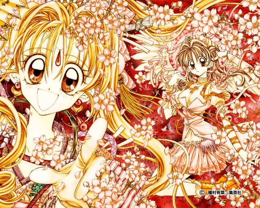 90s alternate_costume angel angel_wings arm_warmers blonde_hair boots brown_eyes brown_hair cherry_blossoms cover dual_persona earrings flower gloves hands hat japanese_clothes jewelry kaitou_jeanne kamikaze_kaitou_jeanne kimono kneeling kusakabe_maron long_hair multiple_girls official_art petals pleated_skirt ribbon short_sleeves skirt tanemura_arina traditional_media turtleneck wallpaper wings
