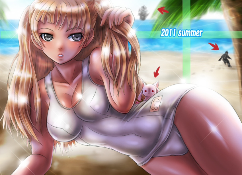 bigfoot blonde_hair boken_fantasy cameo claymore collarbone dietrich directional_arrow grey_eyes kyubey long_hair mahou_shoujo_madoka_magica one-piece_swimsuit palm_tree school_swimsuit silver_eyes swimsuit tree twintails water white_school_swimsuit