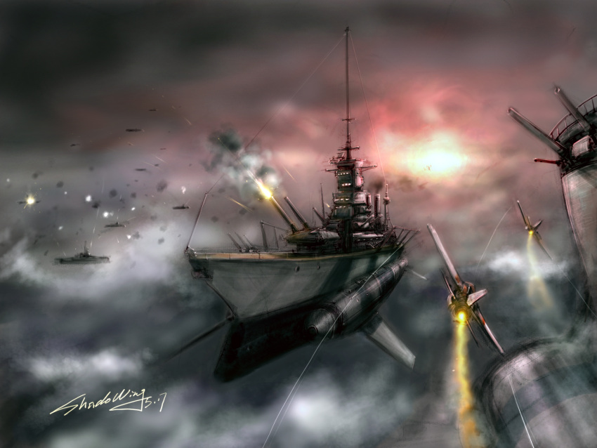 airplane battle battleship cloud firing flying gun highres jet military no_humans original shadowing ship signature sky smoke weapon