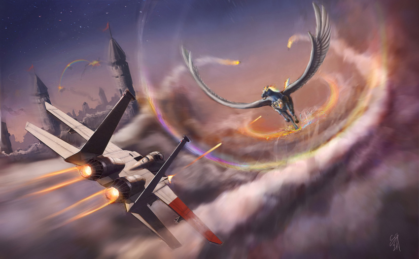 ace_combat ace_combat_zero aerial_battle afterburner airplane armor barding battle cloud crossover epic explosion f-15 fighter_jet fire flag flying gun horse jet larry_foulke military missile my_little_pony my_little_pony_friendship_is_magic pegasus pvtskwerl rainbow rainbow_dash realistic signature sky tower weapon wings