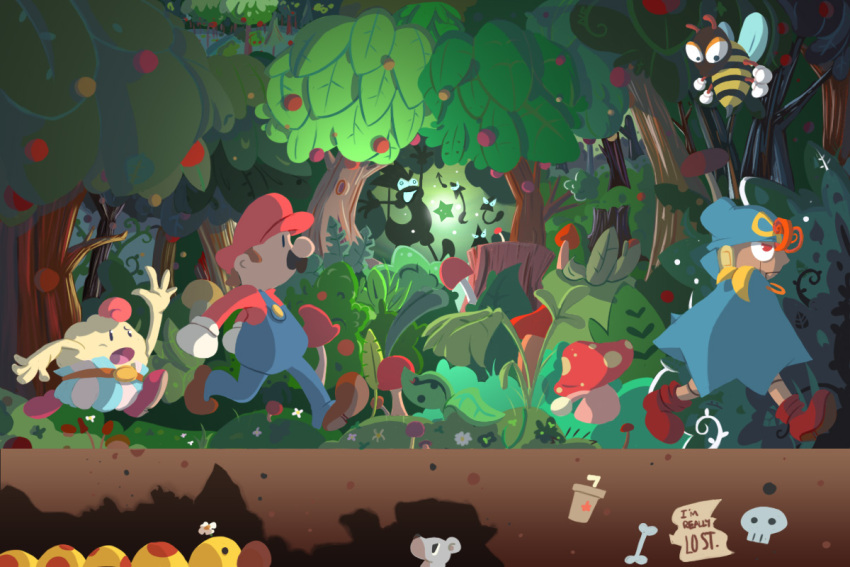 bone bowyer brown_hair bush cap cloak cuca doll_joints english facial_hair flower food forest fruit geno glaring gloves glowing grass hat leaf mallow_(mario) mario mouse mushroom mustache nature open_mouth outstretched_arm overalls red_eyes skull star super_mario_bros. super_mario_rpg super_mushroom tree walking waving wiggler