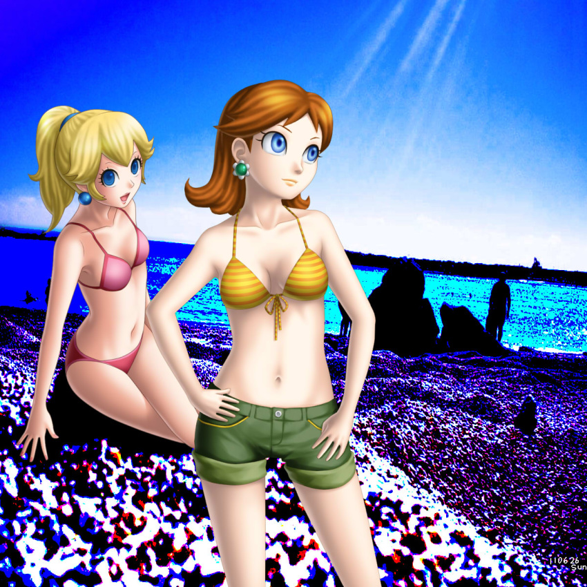 2girls beach bikini blonde_hair blue_eyes brown_hair collarbone earrings flower front-tie_top hachi_gatsu highres jewelry multiple_girls navel nintendo ponytail princess_daisy princess_peach shorts sitting sky standing super_mario_bros. swimsuit water