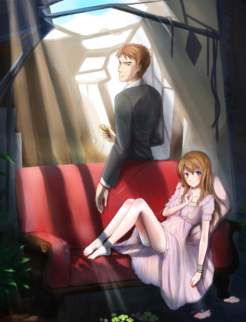 blonde_hair blue_eyes couch dress evolan highres long_hair looking_back male original pocket_watch red_string seat short_hair sitting string watch