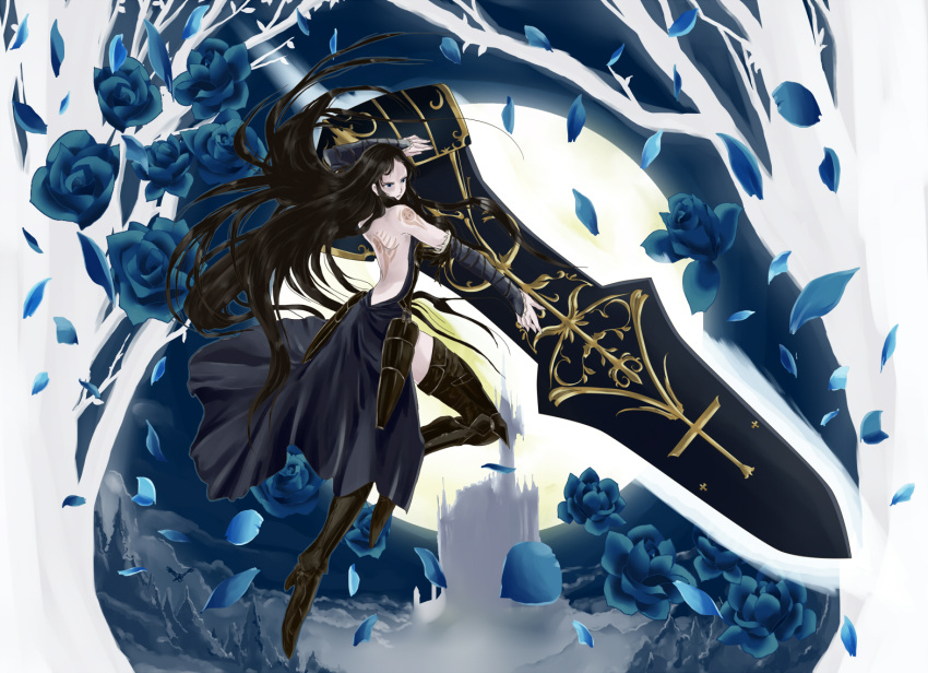 armor back bare_back bare_shoulders black_hair blue_eyes blue_rose boots bridal_gauntlets castlevania castlevania:_order_of_ecclesia detached_sleeves dress flower huge_weapon konami long_hair rose ruri_(rukiafile) shanoa side_slit solo sword tattoo thigh-highs thigh_boots thighhighs weapon