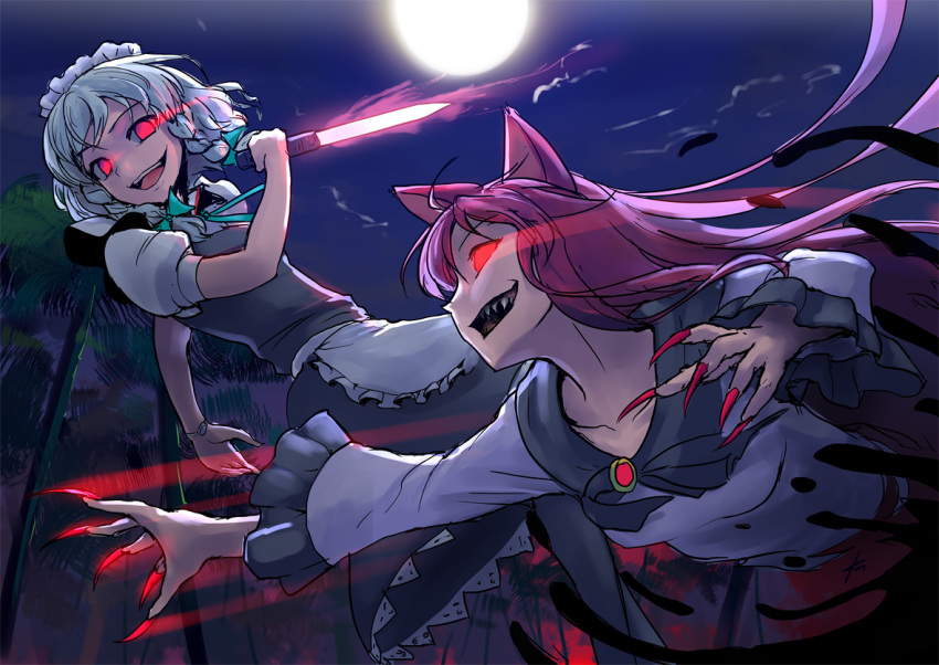 2girls animal_ears bamboo bamboo_forest braid brooch brown_hair dress ebizome fang fangs fingernails forest full_moon glowing glowing_eyes grin imaizumi_kagerou izayoi_sakuya jewelry knife long_fingernails long_hair long_sleeves maid maid_headdress moon multiple_girls nature open_mouth red_eyes short_hair silver_hair smile touhou twin_braids very_long_hair wide_sleeves wolf_ears