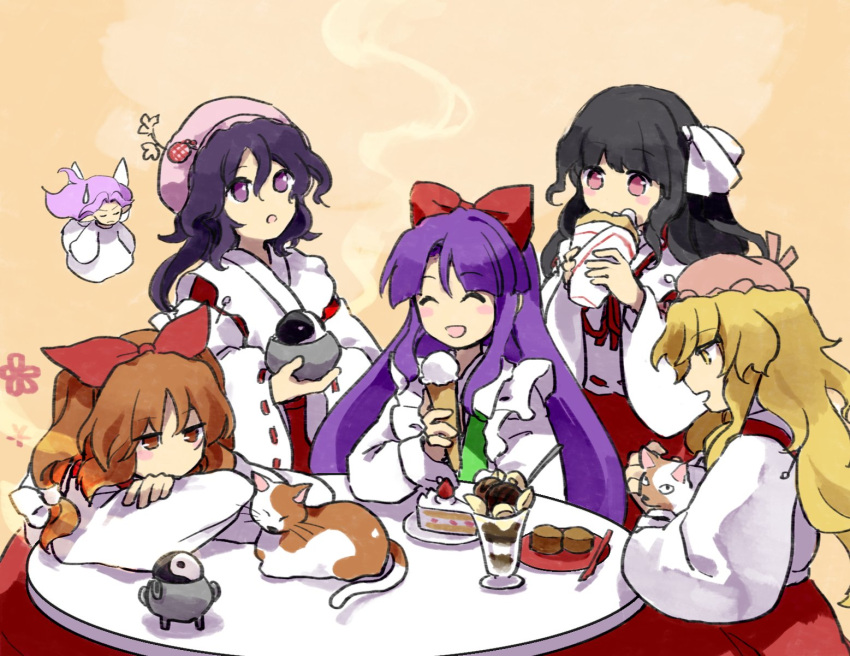 6+girls :o alternate_costume animal black_hair blonde_hair blonde_shrine_maiden_from_a_future_era_(touhou) bow cake cake_slice cat character_request closed_eyes crossed_arms detached_sleeves dress eating eyebrows_visible_through_hair fairy_wings food green_vest hair_bow hair_ribbon hakama hakama_skirt hakurei_reimu hakurei_reimu_(pc-98) highres holding holding_animal holding_cat hourai_girl_(touhou) ice_cream_cone japanese_clothes kaigen_1025 kimono long_hair long_sleeves medium_hair miko minigirl multiple_girls open_mouth orange_cat orange_eyes orange_hair orb pink_hair pink_headwear portrait_of_exotic_girls purple_hair red_eyes red_hakama red_neckwear red_ribbon red_skirt ribbon ribbon-trimmed_sleeves ribbon_trim side_ponytail sidelocks simple_background skirt sweatdrop table touhou touhou_(pc-98) very_long_hair vest violet_eyes wavy_hair white_bow white_cat white_dress white_kimono white_ribbon white_sleeves wide_sleeves wings yellow_background yellow_eyes yin_yang yin_yang_orb yin_yang_orb_(cat) yin_yang_orb_(fairy)