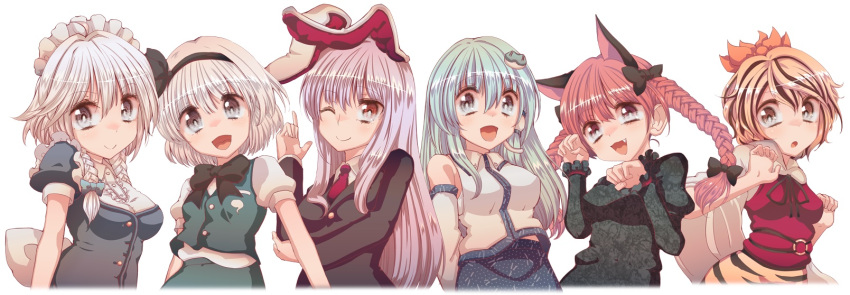 animal_ears arms_behind_back black_hair black_legwear blazer blonde_hair bow bowtie braid breasts brown_eyes bunny_ears bust cat_ears cat_pose cream_(nipakupa) detached_sleeves extra_ears fang frog green_eyes green_hair grey_eyes hair_bow hair_ornament hairband highres izayoi_sakuya kaenbyou_rin kochiya_sanae konpaku_youmu maid_headdress multicolored_hair multiple_girls necktie open_mouth paw_pose pink_hair purple_hair red_eyes red_hair redhead reisen_udongein_inaba short_hair silver_hair simple_background snake toramaru_shou touhou twin_braids twintails two-tone_hair vest wink