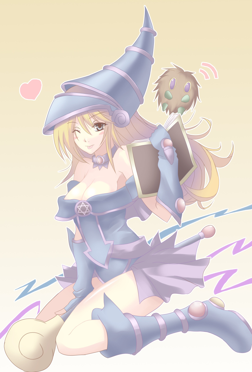 :p ;p a-na absurdres bare_shoulders blonde_hair blue_eyes blush book boots breasts choker cleavage collar dark_magician_girl duel_monster gloves gradient gradient_background hat heart highres kuriboh long_hair pentacle skirt smile staff tongue white_background wink wizard_hat yellow_background yu-gi-oh! yuu-gi-ou yuu-gi-ou_duel_monsters