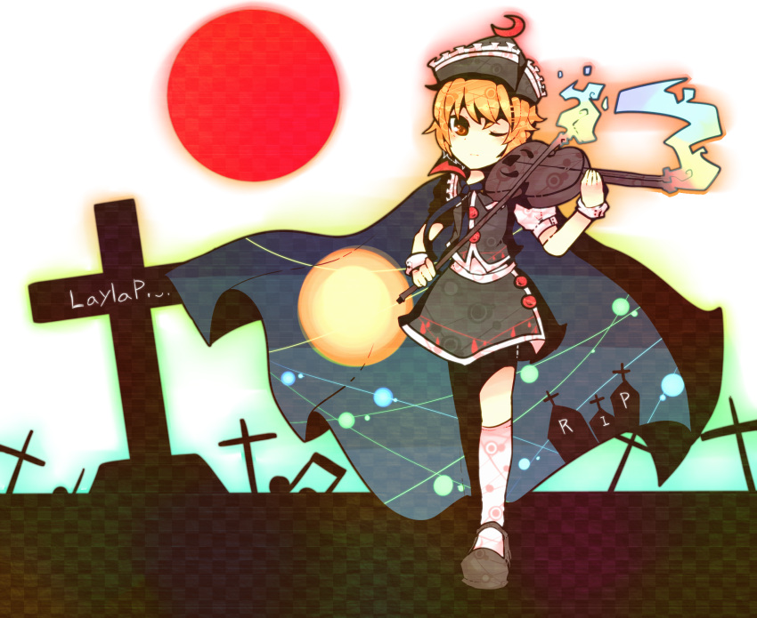 bad_id blonde_hair bow_(instrument) brown_eyes cape crescent cross hat highres instrument kneehighs lunasa_prismriver mary_janes red_sun ringetsumon rip shoes skirt solo tombstone touhou violin white_legwear wink yellow_eyes