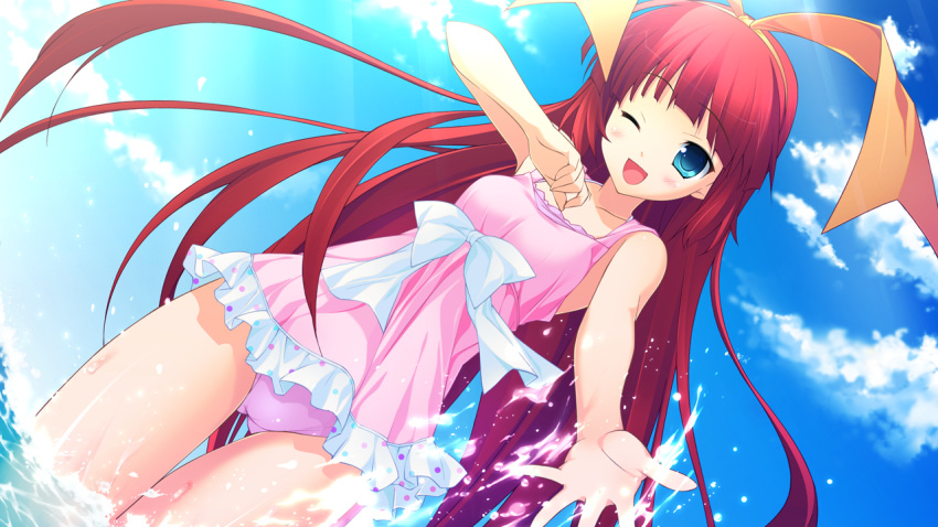 game_cg kuon_itsuki red_hair redhead swimsuit tiny_dungeon von_term water wink