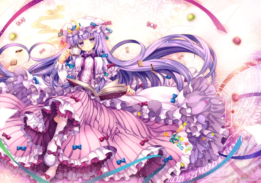 bangs blunt_bangs book bow candy capura_lin crescent cup dress embellished_costume frills gathers hair_bow hat lavender_eyes lavender_hair light_particles long_hair looking_at_viewer macaron magic_circle open_book patchouli_knowledge purple_eyes purple_hair ribbon solo teacup thigh-highs thighhighs touhou very_long_hair violet_eyes white_legwear