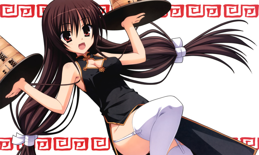 :d absurdres breasts brown_eyes brown_hair china_dress chinese_clothes cleavage cleavage_cutout garter_straps highres kobuichi legs no_panties open_mouth smile solo tenshinranman thigh-highs thighhighs tray unohana_no_sakuyahime white_legwear