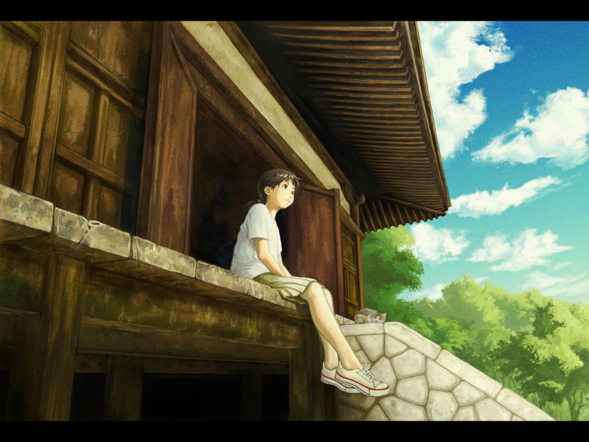 brown_eyes brown_hair cat cloud east_asian_architecture hand_between_legs letterboxed original ponytail shoes sitting skirt sky sneakers solo t-shirt tree wall wood