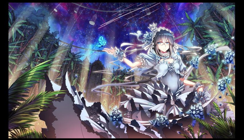 black_hair blue_eyes blue_rose butterfly cage character_request copyright_request crown door dress flower frills glycyrrhizae grey_hair highres long_hair night palm_tree rose solo star_(sky) stars tree very_long_hair wrist_cuffs