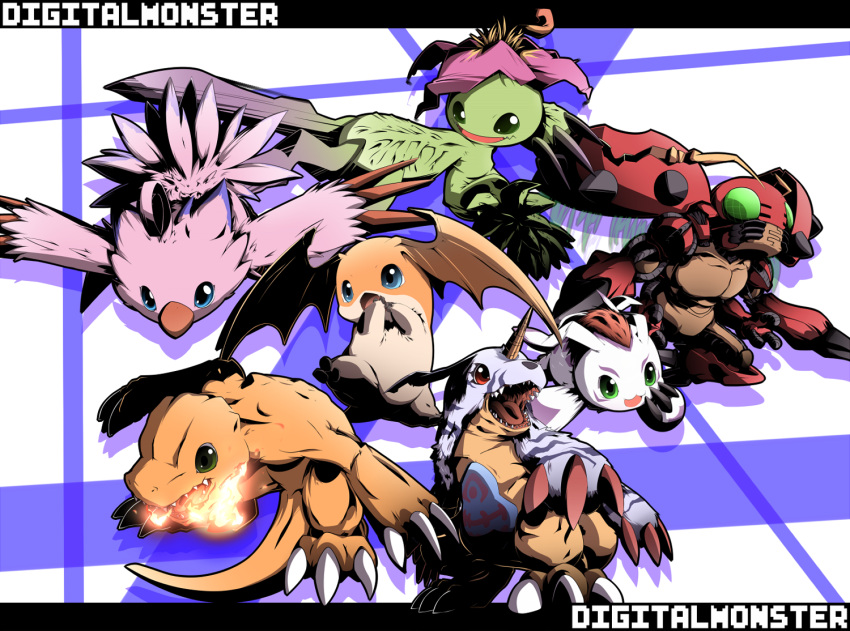 biyomon blue_eyes breathing_fire digimon digimon_adventure fire flame gabumon gomamon green_eyes nijiirosekai no_humans palmon patamon piyomon satsuki_mei_(sakuramochi) tailmon tentomon