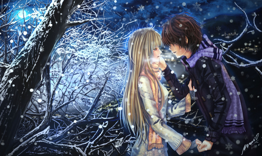 breath brown_hair couple fingerless_gloves gloves hair_over_eyes hand_holding highres holding_hands original overcoat scarf snow tears tree wait winter_clothes