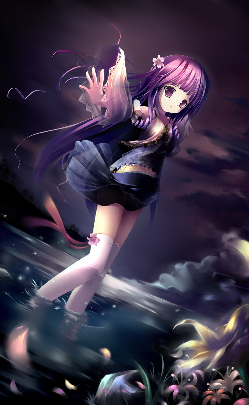 absurdres detached_sleeves dress flower hair_flower hair_ornament highres long_hair night original outstretched_arm purple_eyes purple_hair ribbon skirt sky solo thigh-highs thighhighs wading water wet white_legwear wind_lift