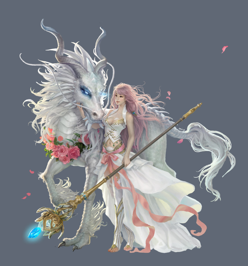 breasts cleavage copyright_request creature dragon dress fantasy feet floating_hair flower half-skirt highres horse long_hair long_skirt midriff navel open_toe_shoes petals pink_hair pink_rose ribbon rose rose_petals simple_background skirt solo staff thigh-highs thighhighs wand white_dress yangqi