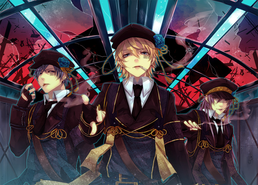 arrest_rose_(vocaloid) barcode blonde_hair blue_eyes blue_hair broken_glass cigarette domco earrings facial_tattoo fingerless_gloves flower glass gloves hat hat_flower jewelry kagamine_len kaito kamui_gakupo long_hair long_sleeves looking_at_viewer multiple_boys nail_polish necktie pointing pointing_at_viewer purple_hair smoke smoking tattoo uniform vocaloid