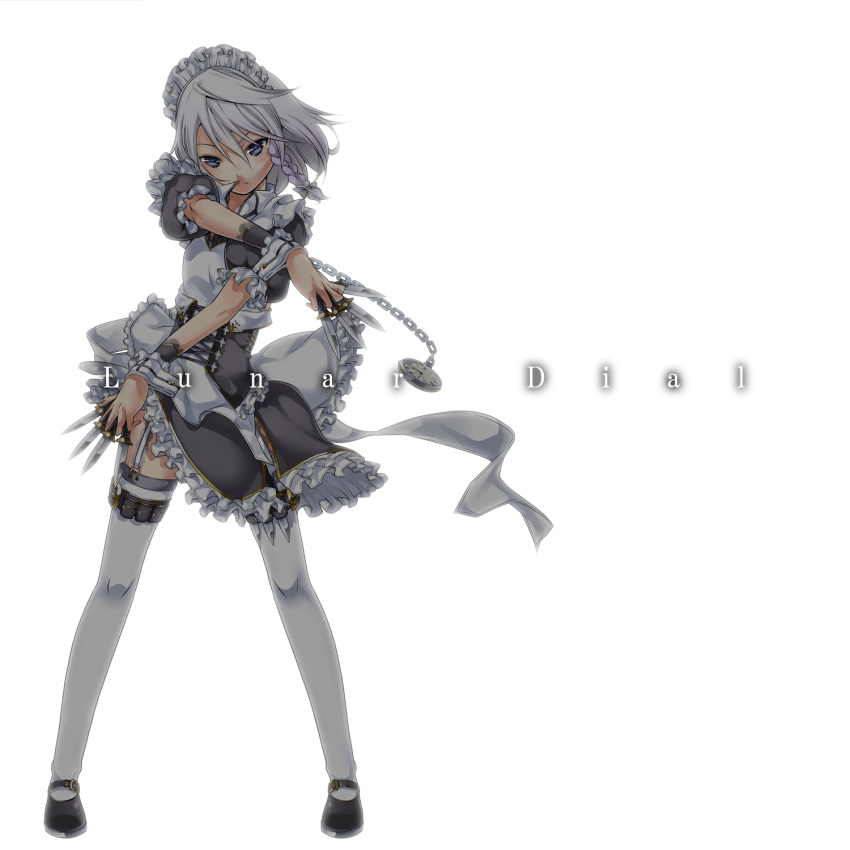 between_fingers blue_eyes blush bow braid crossed_arms embellished_costume frills garters glowing hair_bow highres izayoi_sakuya knife lace maid maid_headdress pocket_watch pose short_hair silver_hair simple_background solo standing thigh-highs thigh_strap thighhighs throwing_knife touhou twin_braids watch weapon white_background white_legwear wrist_cuffs yuuzii