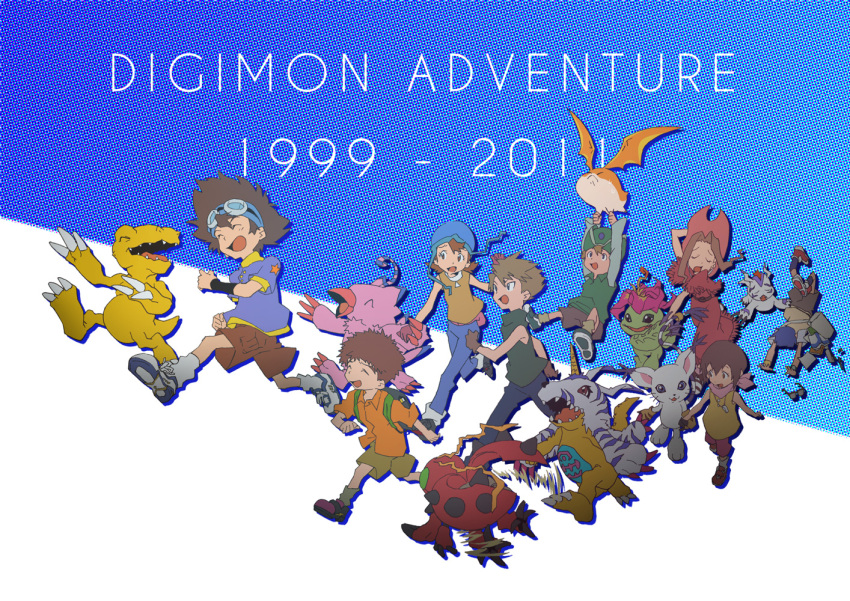 agumon brown_eyes brown_hair digimon digimon_adventure everyone gabumon goggles gomamon group hat ishida_yamato izumi_koushirou kido_jyou palmon patamon piyomon short_hair tachikawa_mimi tailmon takaishi_takeru takenouchi_sora tentomon yagami_hikari yagami_taichi