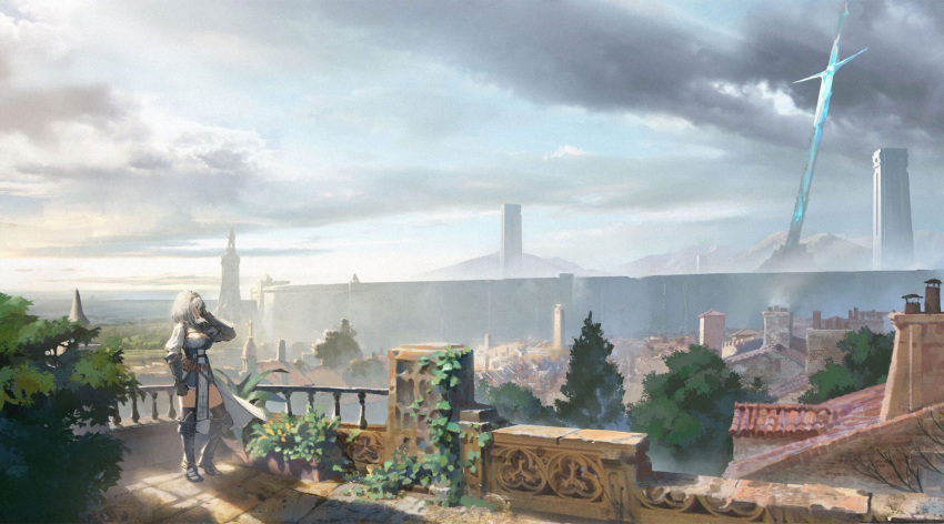 1girl artist_request balcony breasts cityscape hand_on_own_head highres hololive knight large_breasts loincloth medieval official_art plant potted_plant railing rooftop scenery shirogane_noel short_hair silver_hair sky standing sword vines wall weapon