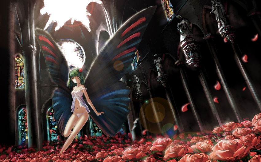 babydoll bad_id bare_legs butterfly_wings cathedral chevasis flower gertrud gertrud_(madoka_magica) green_hair hair_flower hair_ornament highres leg_lift lens_flare mahou_shoujo_madoka_magica navel panties personification petals red_eyes red_rose rose short_hair solo stained_glass strap_slip underwear underwear_only wings