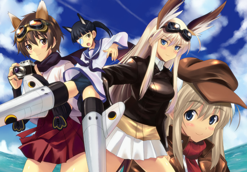 animal_ears bad_id black_hair blonde_hair blue_eyes blush brown_eyes brown_hair camera cloud eyepatch goggles goggles_on_head hanna-justina_marseille hat japanese_clothes katou_keiko kyogoku_shin kyougoku_shin leather_jacket long_hair military military_uniform multiple_girls ocean one-piece_swimsuit open_mouth pleated_skirt ponytail sakamoto_mio scarf school_swimsuit short_hair skirt sky smile strike_witches striker_unit swimsuit swimsuit_under_clothes uniform water wilma_bishop young