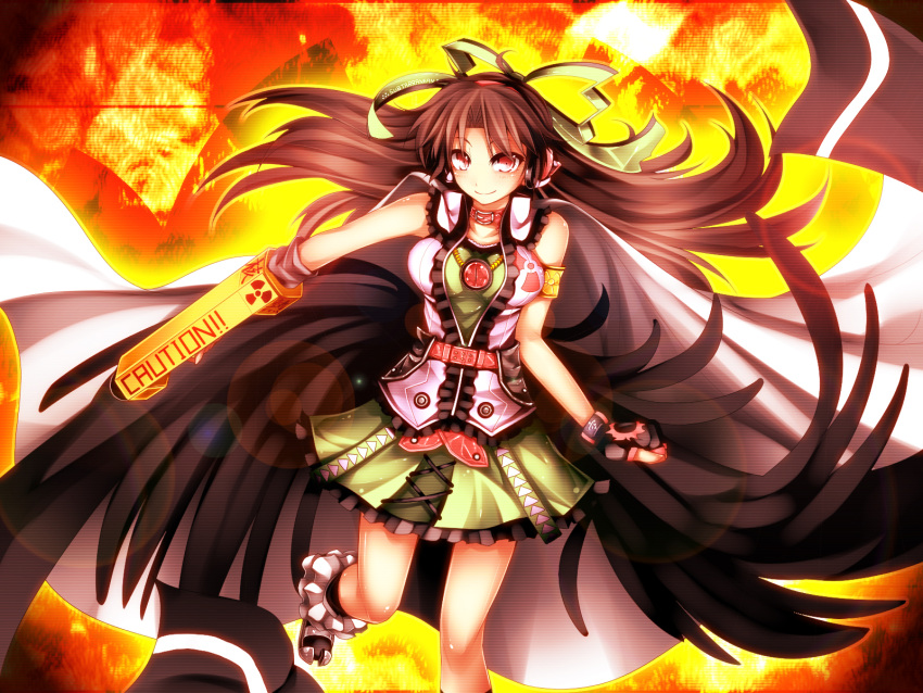 adapted_costume arm_cannon bare_shoulders black_hair black_wings bow cape fingerless_gloves gloves hair_bow headphones highres kazetto large_wings long_hair radiation_symbol red_eyes reiuji_utsuho skirt sleeveless smile solo third_eye touhou weapon wings
