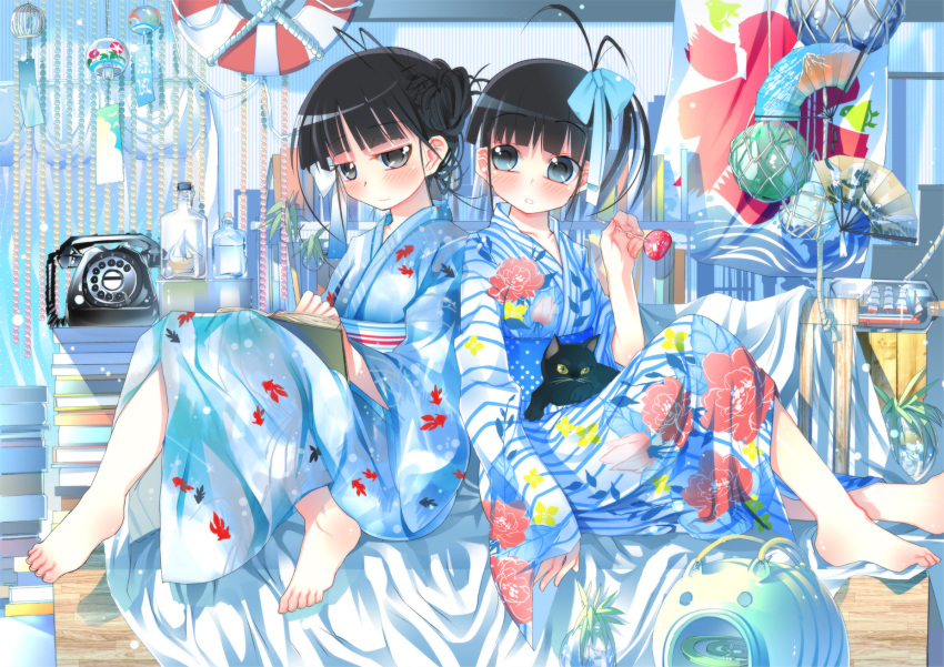 barefoot black_eyes black_hair blue_eyes book book_stack bottle bow corded_phone fan feet floral_print folding_fan glass hair_bow highres japanese_clothes katori_buta kimono mosquito_coil multiple_girls original phone ship_in_a_bottle sitting sodapop_(iemaki) wind_chime