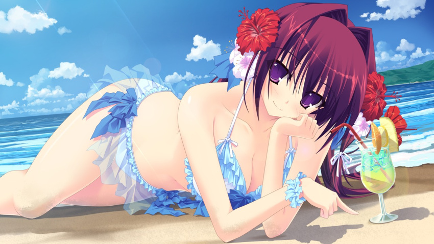 1girl beach bikini cleavage drink game_cg kikurage kimi_wo_aogi_otome_wa_hime_ni purple_eyes solo swimsuit violet_eyes washio_rin