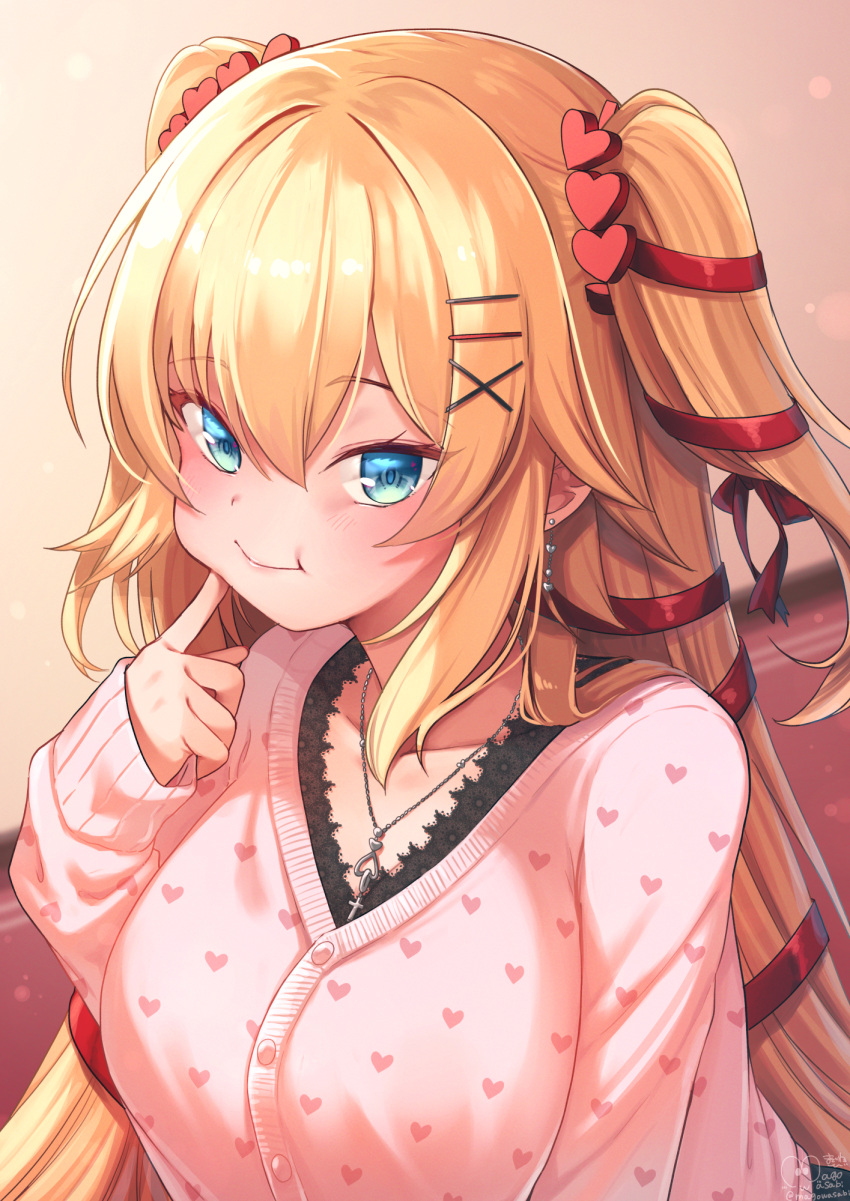 1girl :t akai_haato bangs blonde_hair blue_eyes blush breasts cardigan closed_mouth collarbone commentary_request eyebrows_visible_through_hair finger_to_cheek hair_between_eyes hair_ornament hair_ribbon heart heart_hair_ornament heart_print highres hololive jewelry large_breasts long_hair long_sleeves looking_at_viewer magowasabi necklace pink_cardigan red_ribbon ribbon signature sleeves_past_wrists smile solo twitter_username two_side_up upper_body virtual_youtuber x_hair_ornament