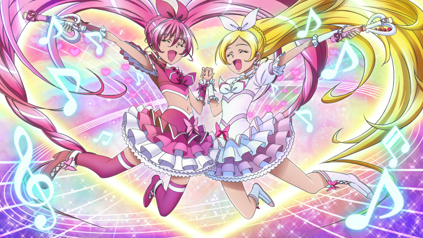 blonde_hair boots bow closed_eyes colorful cure_melody cure_rhythm eyes_closed fantastic_belltier frilled_skirt frills gensou_(mopoepei) hair_ribbon hand_holding happy heart highres holding_hands houjou_hibiki jumping light_particles light_rays lights long_hair magical_girl midriff minamino_kanade miracle_belltier multiple_girls musical_note navel open_mouth pink_hair precure ribbon smile suite_precure symmetry thigh-highs thighhighs treble_clef twintails very_long_hair wand