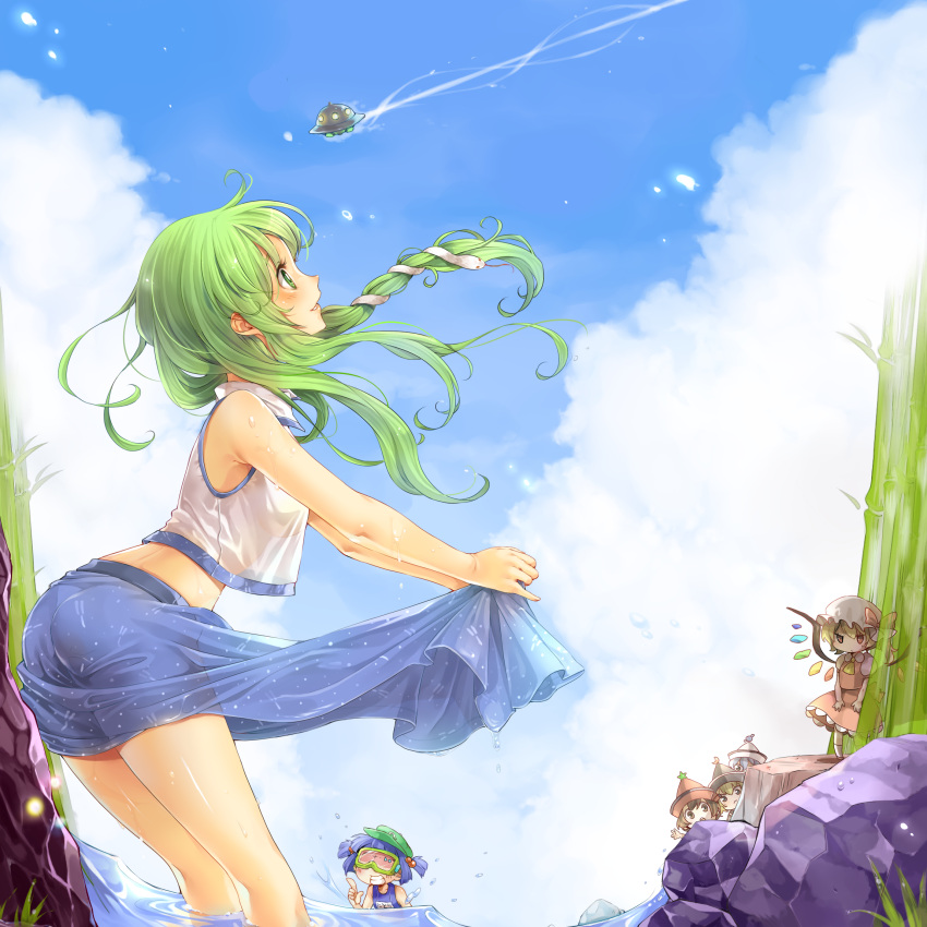 ascot ass blonde_hair blue_eyes blue_hair blush breasts brown_hair chibi crescent dress flandre_scarlet goggles green_eyes green_hair grin hair_bobbles hair_ornament hat highres kawashiro_nitori kochiya_sanae lunasa_prismriver lyrica_prismriver md5_mismatch merlin_prismriver multiple_girls no_bra one-piece_swimsuit open_mouth red_eyes rojiko school_swimsuit see-through short_hair side_ponytail skirt sleeveless smile snake swimsuit touhou twintails ufo water wet wet_clothes wings