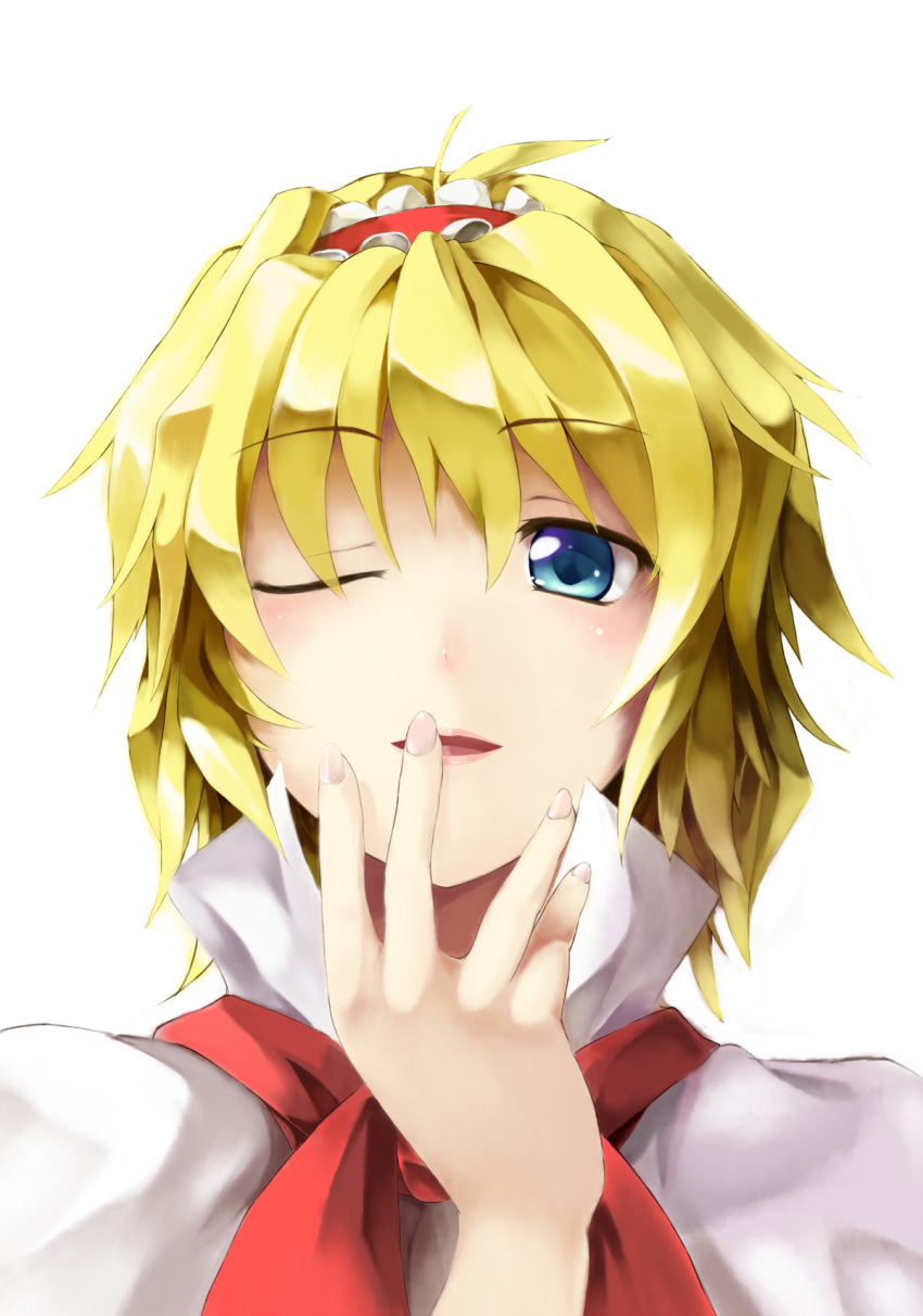 ahoge alice_margatroid blonde_hair blue_eyes blush bust capelet chaigidhiell close close-up face hair_bow hairband hands highres lips nail_polish necktie open_mouth short_hair shy simple_background solo touhou white_background wink