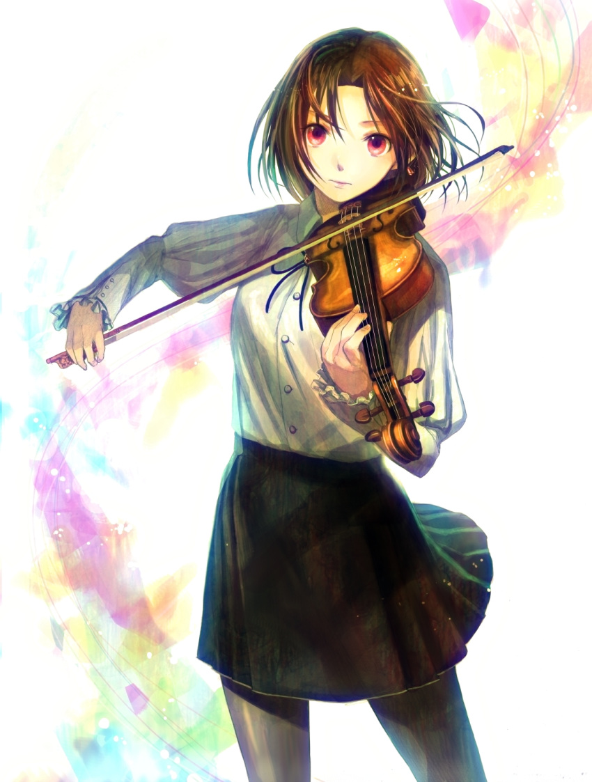 bow_(instrument) brown_hair frilled_sleeves fuji_choko highres instrument original pantyhose red_eyes short_hair solo standing violin