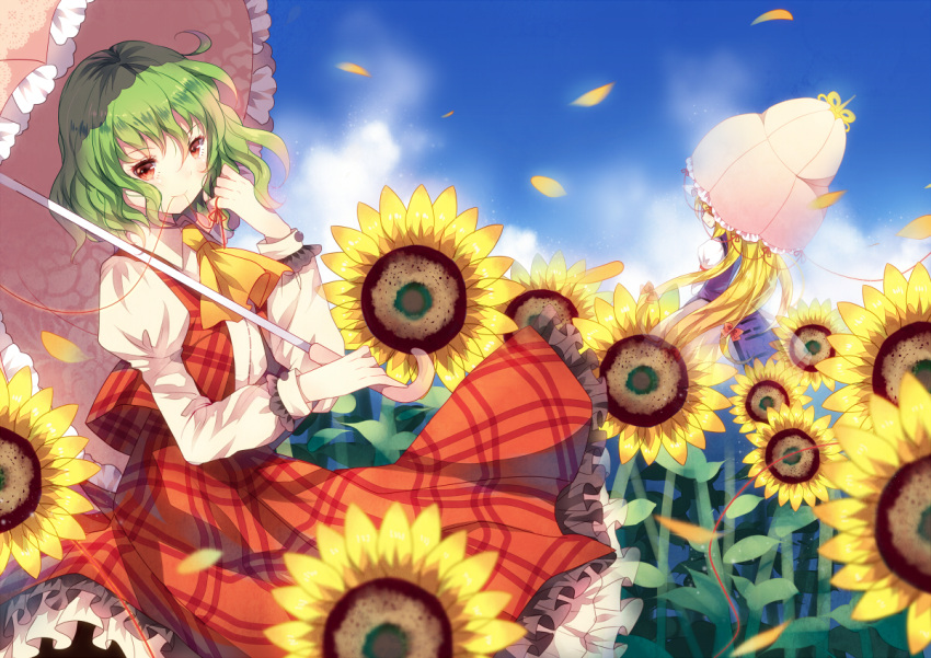 ascot back blonde_hair domotolain dress dress_shirt flower flower_field green_hair hat highres kazami_yuuka long_hair mouth_hold multiple_girls parasol plaid plaid_skirt plaid_vest red_eyes red_string ribbon shirt short_hair skirt skirt_set smile solo string sunflower touhou umbrella vest yakumo_yukari youkai