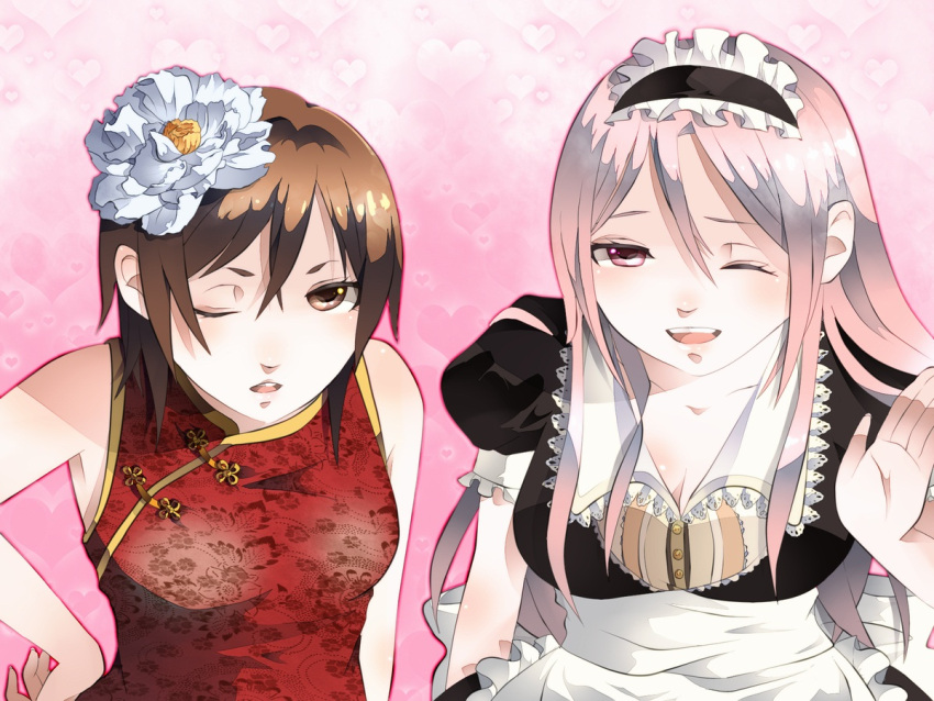 2girls aida_riko apron brown_eyes brown_hair chinese_dress hair_flower headdress heart kuroko_no_basket long_hair maid momoi_satsuki open_mouth pink pink_eyes pink_hair short_hair smile violet_eyes wink