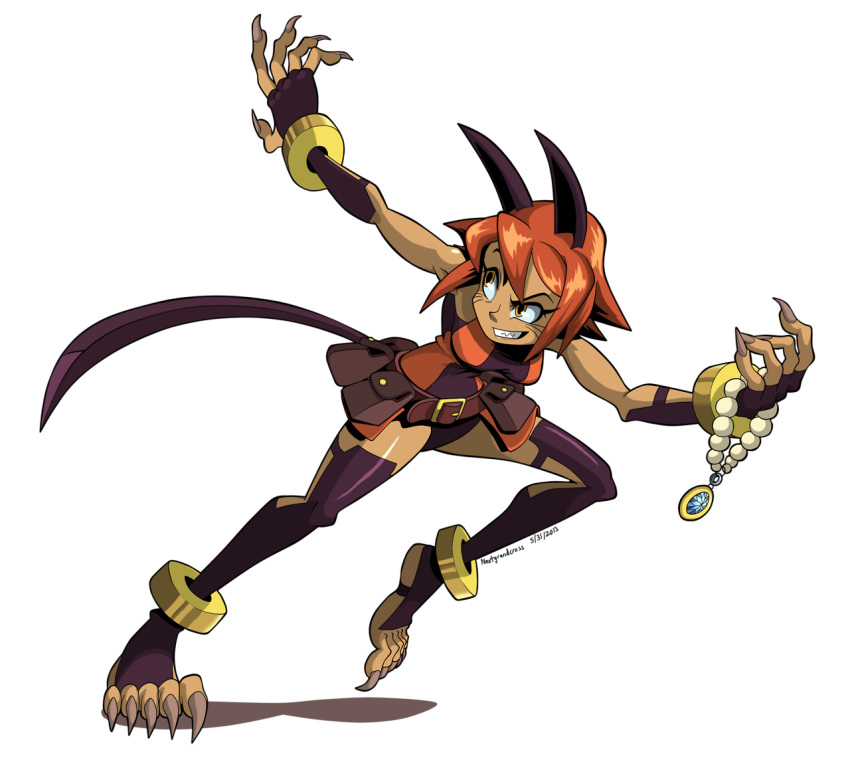 1girl 2013 alternate_costume artist_name brown_hair claws dated facial_mark grin jewelry long_nails looking_back nadia_fortune necklace nextgrandcross parted_lips shadow simple_background skullgirls smile solo tagme white_background yellow_eyes
