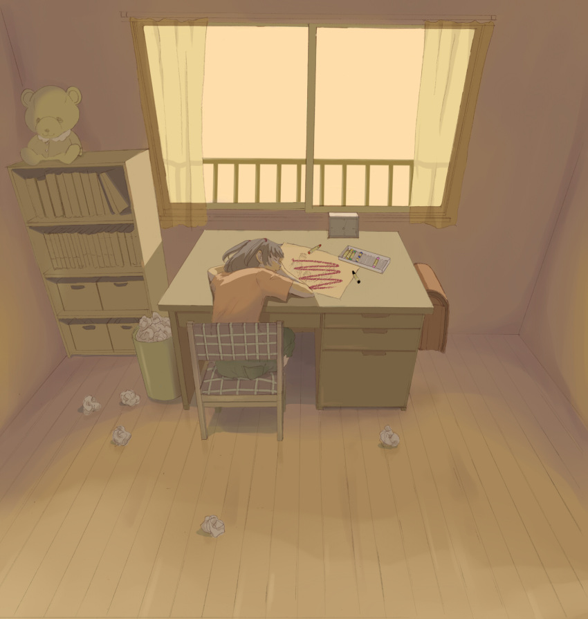 bookshelf chair clock crayon desk drawings from_behind goke_shike_(altamira05) highres original paper room school_bag short_hair sitting sleeping solo stuffed_animal stuffed_toy t-shirt tears teddy_bear trashcan twintails window