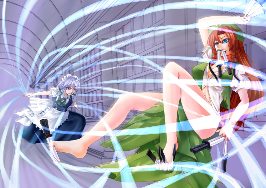 angry apron bare_legs barefoot battle beret between_toes blue_eyes braid breasts catch cleavage dress_shirt feet foot_hold hair_ribbon hat hong_meiling izayoi_sakuya knife legs long_hair long_legs maid maid_headdress mouth_hold multiple_girls object_in_mouth red_eyes red_hair redhead ribbon ryuushou shirt short_hair silver_hair star thighs throwing_knife torn_clothes touhou twin_braids vest weapon