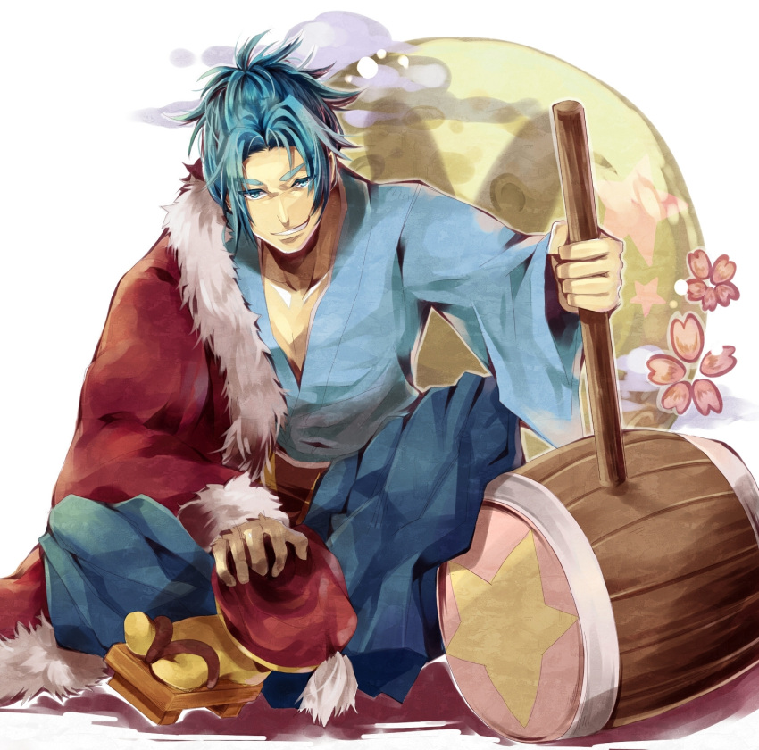 abs blue_eyes blue_hair cherry_blossoms cloud eyebrows flower full_moon fur_trim geta grin hainegom hammer hat hat_removed headwear_removed highres indian_style janis_(hainegom) japanese_clothes kimono king_dedede kirby_(series) looking_at_viewer male manly moon obi personification robe sandals sash short_hair sitting smile socks solo star tabi tassel thick_eyebrows warrior weapon white_background