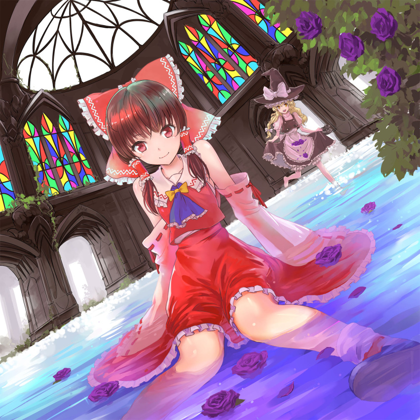 album_cover ascot bare_shoulders barefoot blonde_hair bow brown_hair cover detached_sleeves dutch_angle flower hair_bow hair_ribbon hair_tubes hakurei_reimu hat highres kirisame_marisa long_hair miko multiple_girls partially_submerged purple_rose red_eyes ribbon rose running shiitake_urimo sitting skirt skirt_hold skirt_lift smile stained_glass submerged touhou water wet wet_clothes witch witch_hat yellow_eyes