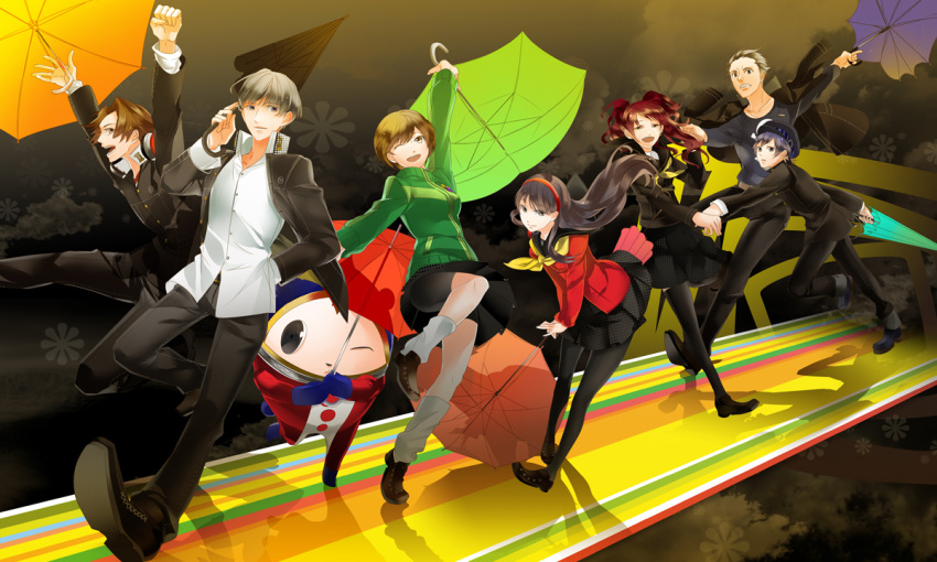 androgynous arm_up arms_up ascot bike_shorts black_hair black_legwear blue_hair brown_hair cabbie_hat everyone grey_hair hairband hanamura_yousuke hand_holding hand_in_pocket hat headphones headphones_around_neck himuka_roko holding_hands jumping kujikawa_rise kuma_(persona_4) leg_lift long_hair narukami_yuu open_mouth pantyhose persona persona_4 reverse_trap roko_(artist) satonaka_chie school_uniform seta_souji shirogane_naoto short_hair skirt smile tatsumi_kanji thigh-highs thighhighs tomboy track_jacket umbrella wink