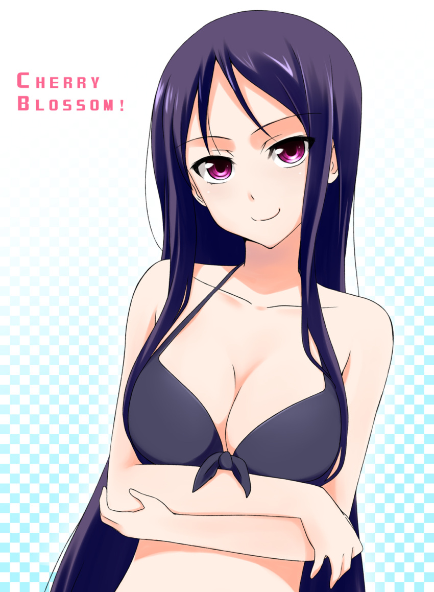 blue_hair breasts bust character_request checkered checkered_background cherry_blossom! cleavage crossed_arms front-tie_top highres ikari_manatsu long_hair ookurayama_yuu purple_eyes smile solo swimsuit violet_eyes